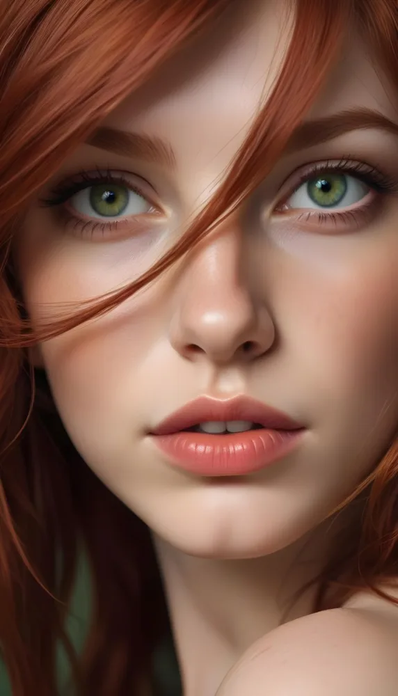 A Caucasian Woman 22 Years Old With Green Eyes And Red Hair Light Lips Looking At The Camera Soft Light Studio Background Hyper Detailed Face Realistic Skin Texture 8 F465