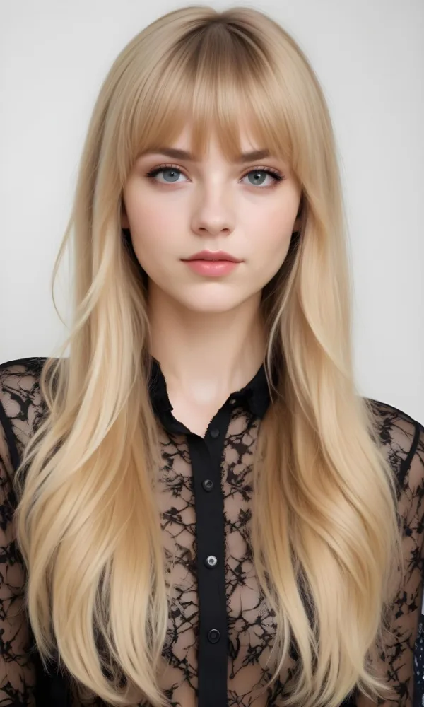 A Caucasian Woman 23 Years Old Blonde Long Hair With Bangs Wearing A Black Lace Shirt In A White Background 14 0fcb
