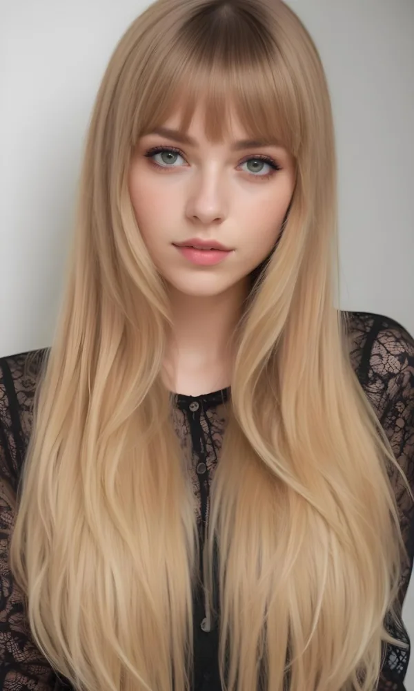 A Caucasian Woman 23 Years Old Blonde Long Hair With Bangs Wearing A Black Lace Shirt In A White Background 28 32ae