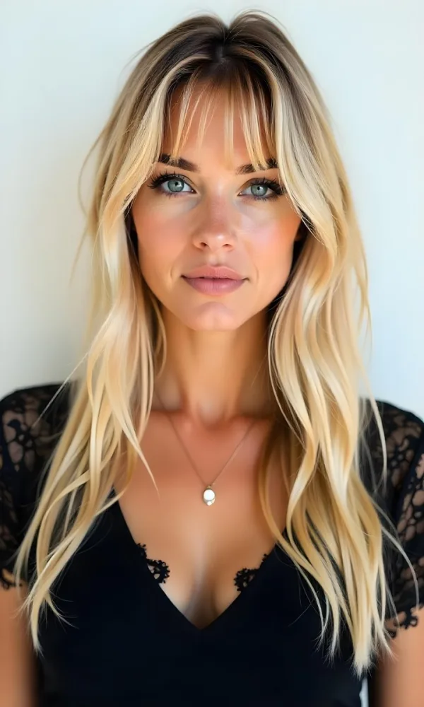 A Caucasian Woman 23 Years Old Blonde Long Hair With Bangs Wearing A Black Lace Shirt In A White Background 3 Ca67