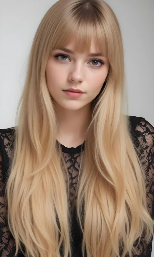 A Caucasian Woman 23 Years Old Blonde Long Hair With Bangs Wearing A Black Lace Shirt In A White Background 30 F627
