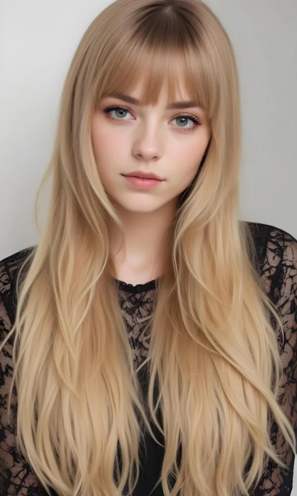 A Caucasian Woman 23 Years Old Blonde Long Hair With Bangs Wearing A Black Lace Shirt In A White Background 34 14b7