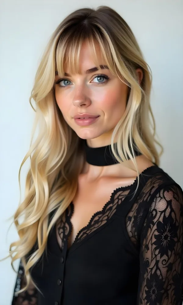 A Caucasian Woman 23 Years Old Blonde Long Hair With Bangs Wearing A Black Lace Shirt In A White Background 45 3560