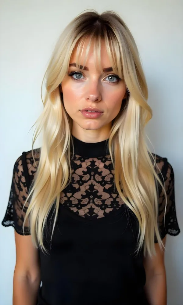 A Caucasian Woman 23 Years Old Blonde Long Hair With Bangs Wearing A Black Lace Shirt In A White Background 47 1c9a