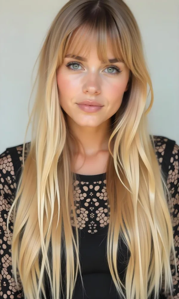 A Caucasian Woman 23 Years Old Blonde Long Hair With Bangs Wearing A Black Lace Shirt In A White Background 53 C92f