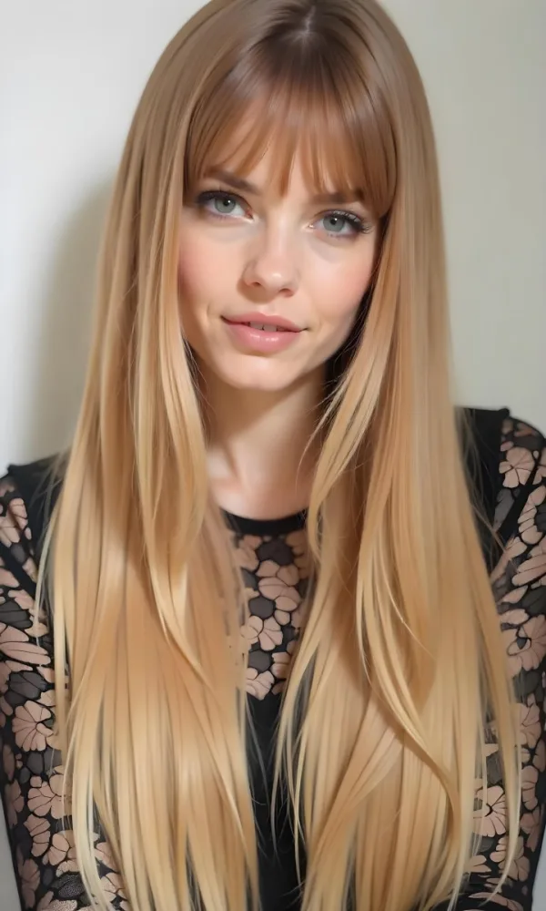 A Caucasian Woman 23 Years Old Blonde Long Hair With Bangs Wearing A Black Lace Shirt In A White Background 57 D2ed