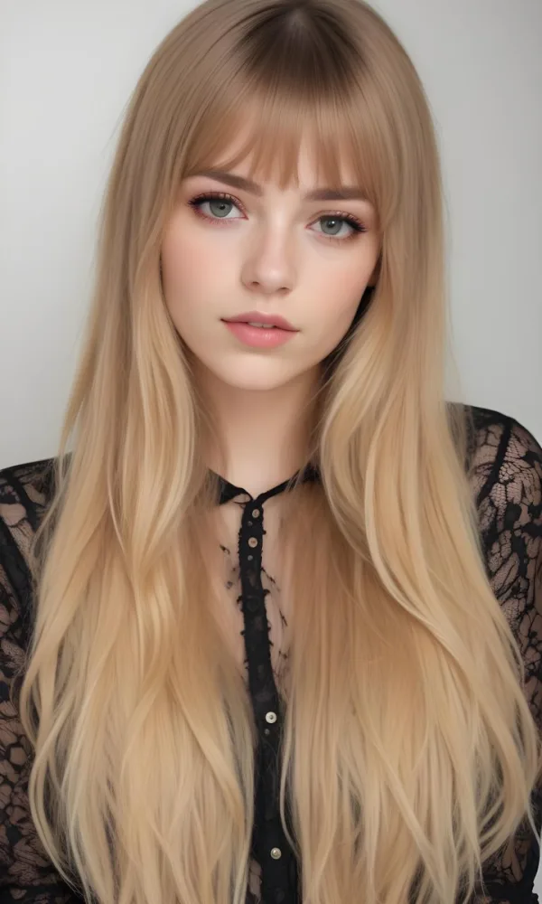 A Caucasian Woman 23 Years Old Blonde Long Hair With Bangs Wearing A Black Lace Shirt In A White Background 68 Cc47
