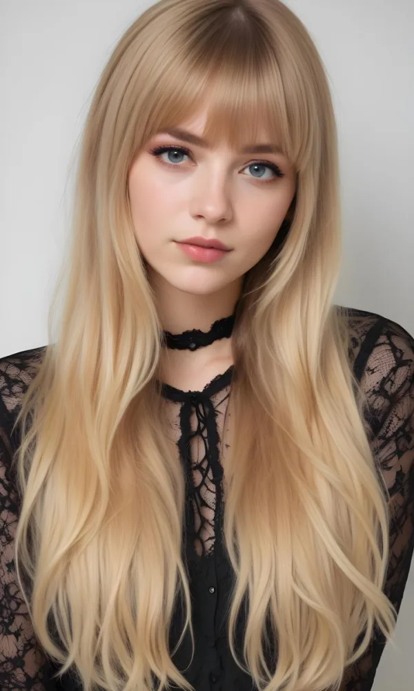 A Caucasian Woman 23 Years Old Blonde Long Hair With Bangs Wearing A Black Lace Shirt In A White Background 69 8f9d
