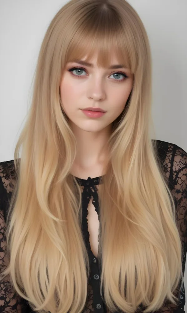 A Caucasian Woman 23 Years Old Blonde Long Hair With Bangs Wearing A Black Lace Shirt In A White Background 8 5428