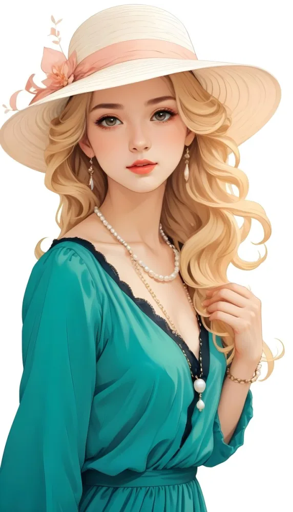 A Caucasian Woman 23 Years Old Blonde Wavy Hair Wearing A White Dress A Pearl Necklace And A Big Hat In A White Background 24 Eef5