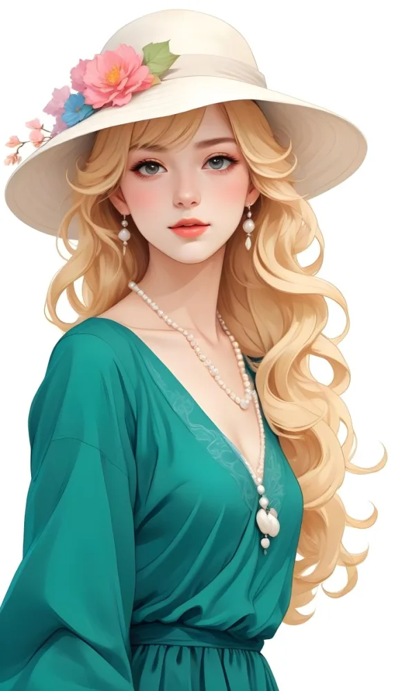 A Caucasian Woman 23 Years Old Blonde Wavy Hair Wearing A White Dress A Pearl Necklace And A Big Hat In A White Background 9 15de