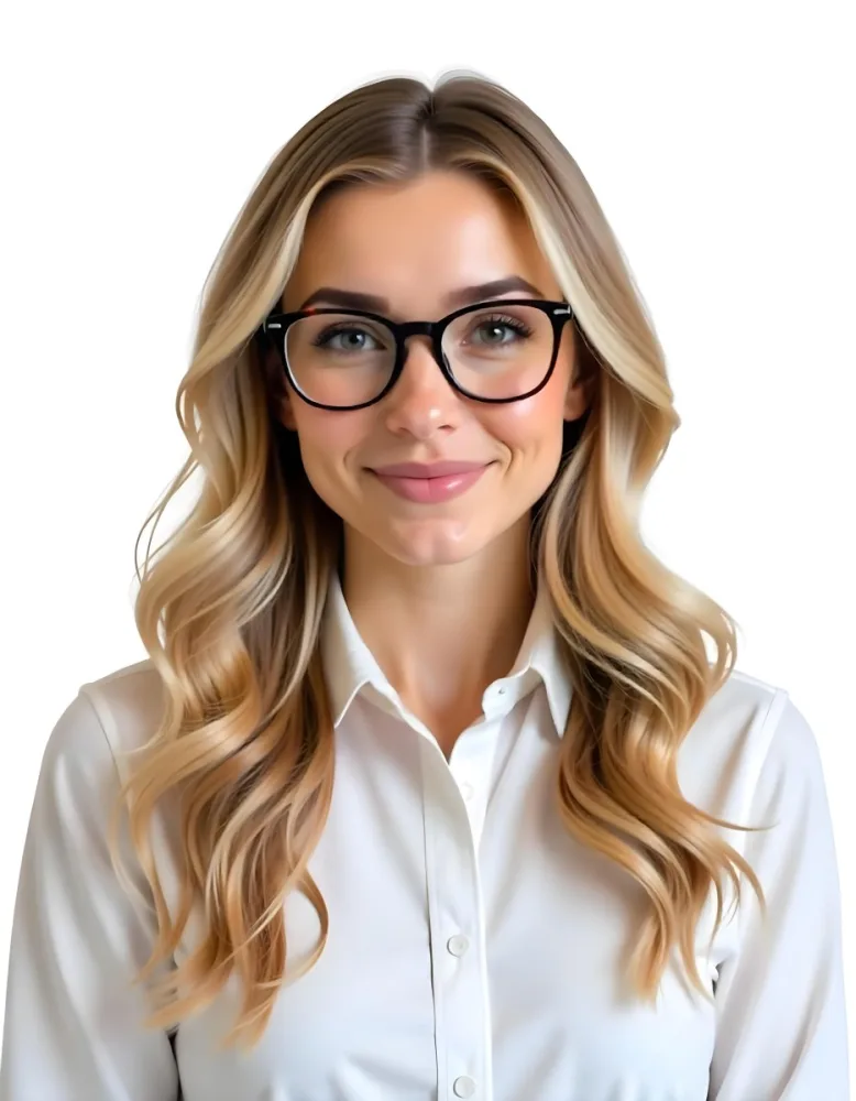 A Caucasian Woman 23 Years Old Blonde Wavy Hair Wearing Black Glasses And A Black Shirt Isolated On Black Background 12 5b11