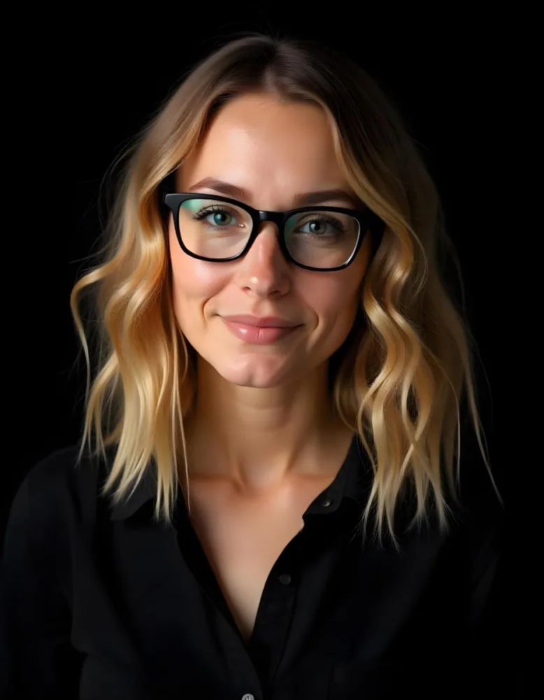 A Caucasian Woman 23 Years Old Blonde Wavy Hair Wearing Black Glasses And A Black Shirt Isolated On Black Background 12 6098