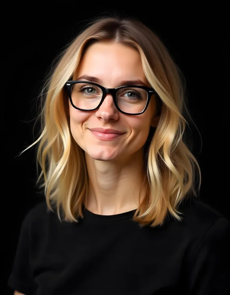 A Caucasian Woman 23 Years Old Blonde Wavy Hair Wearing Black Glasses And A Black Shirt Isolated On Black Background 13 D8dc