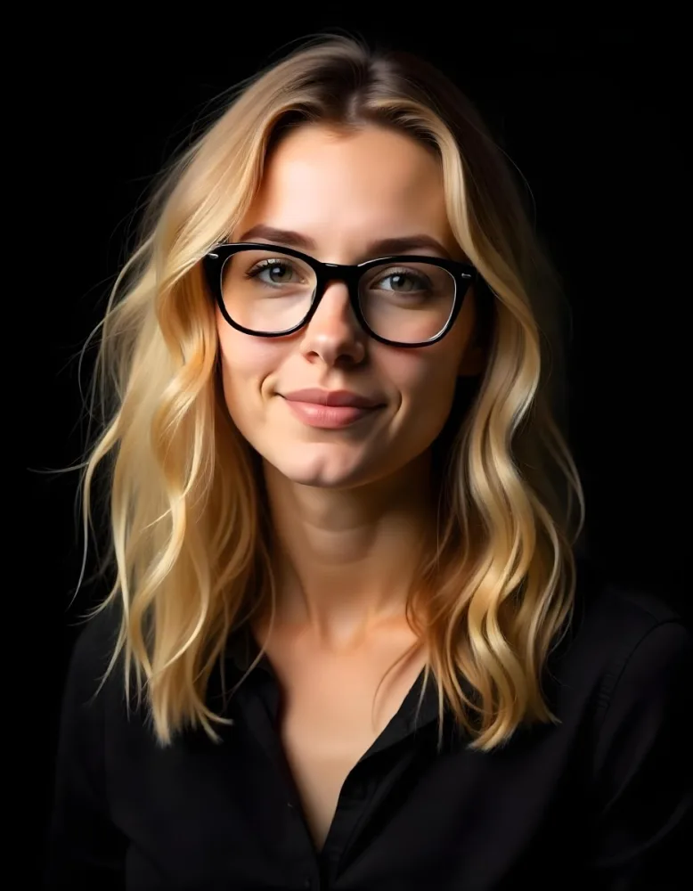 A Caucasian Woman 23 Years Old Blonde Wavy Hair Wearing Black Glasses And A Black Shirt Isolated On Black Background 17 8d3e