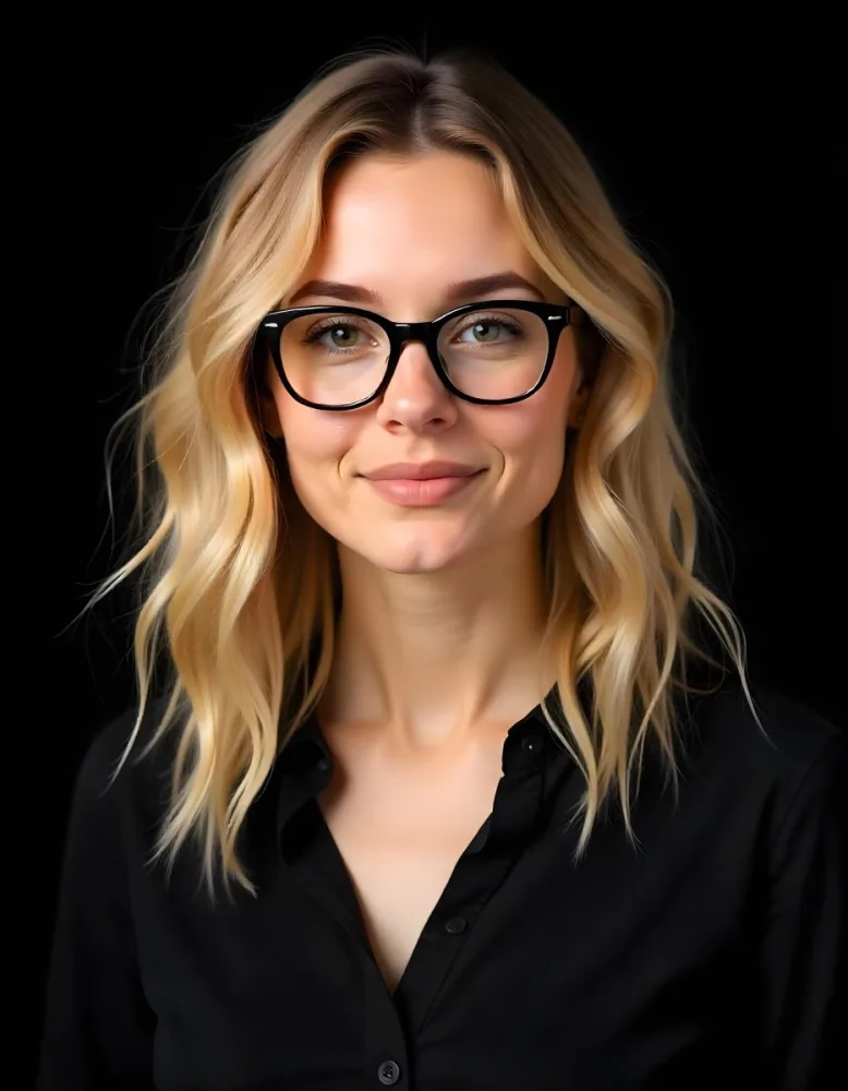 A Caucasian Woman 23 Years Old Blonde Wavy Hair Wearing Black Glasses And A Black Shirt Isolated On Black Background 2 F95e