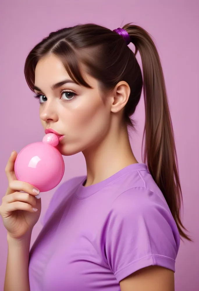 A Caucasian Woman 23 Years Old Blowing A Pink Bubblegum Brown Hair In A Ponytail Wearing A Purple Top Pink Background 25 Ee1c