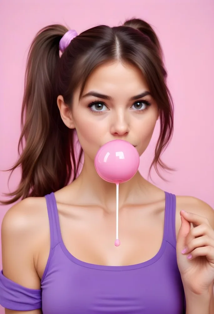 A Caucasian Woman 23 Years Old Blowing A Pink Bubblegum Brown Hair In A Ponytail Wearing A Purple Top Pink Background 27 8ea2
