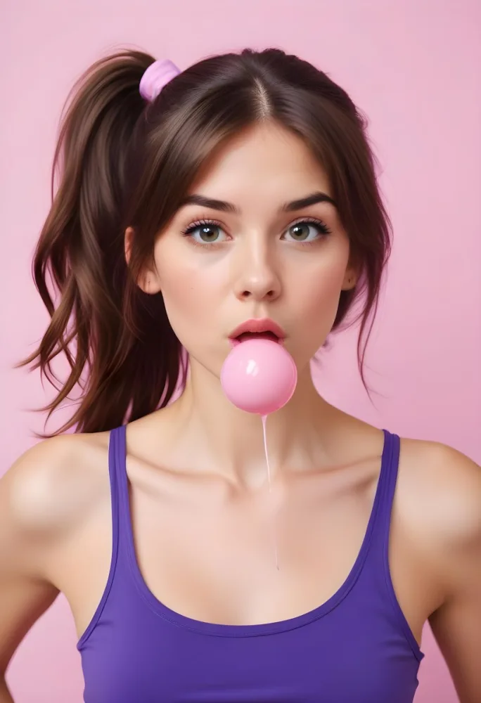 A Caucasian Woman 23 Years Old Blowing A Pink Bubblegum Brown Hair In A Ponytail Wearing A Purple Top Pink Background 5 8f9b