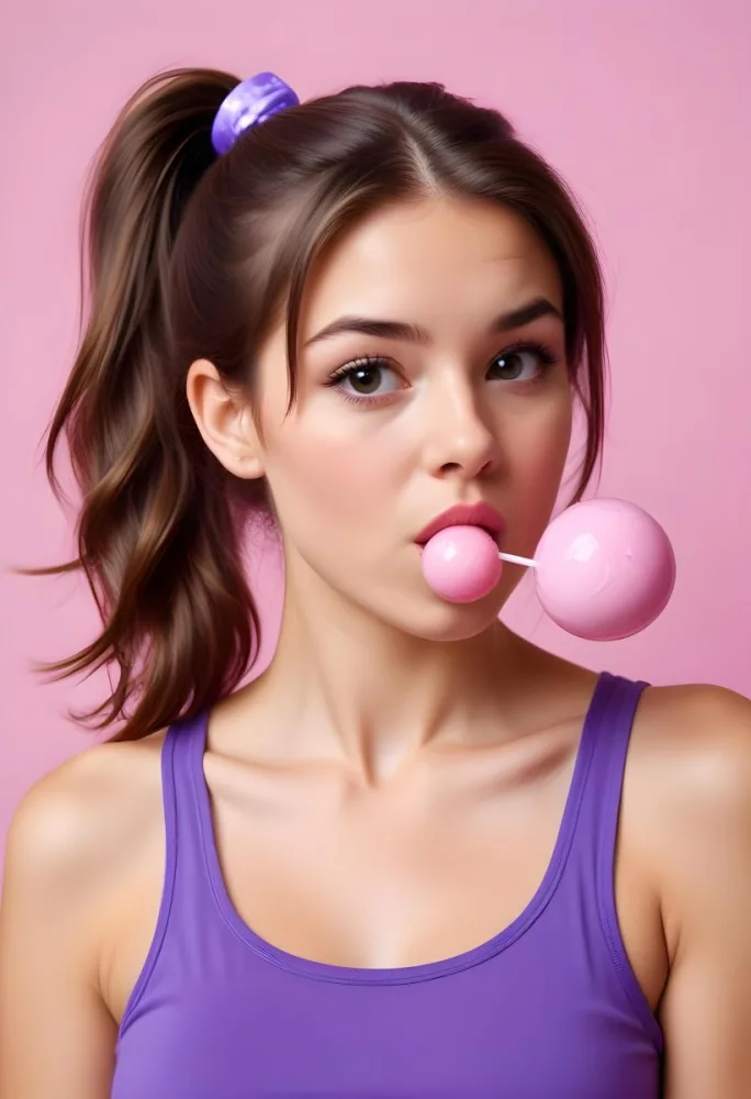 A Caucasian Woman 23 Years Old Blowing A Pink Bubblegum Brown Hair In A Ponytail Wearing A Purple Top Pink Background 7 68f2