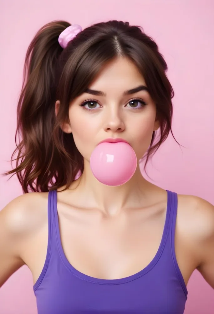 A Caucasian Woman 23 Years Old Blowing A Pink Bubblegum Brown Hair In A Ponytail Wearing A Purple Top Pink Background 8 B5df