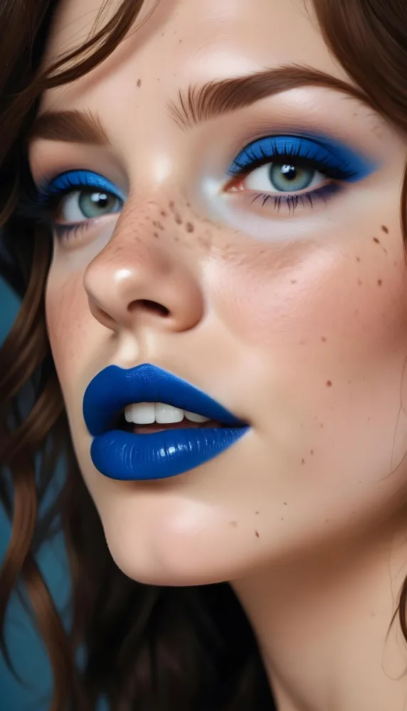 A Caucasian Woman 23 Years Old Blue Lips And Blue Eye Shadow Freckles Brown Hair Studio Background 6 55d7