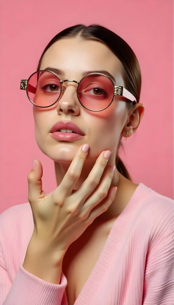 A Caucasian Woman 23 Years Old Light Skin Brown Hair Pink Sunglasses Pink Lipstick With Her Hand Near Her Face In A Pink Background 10 Bedf