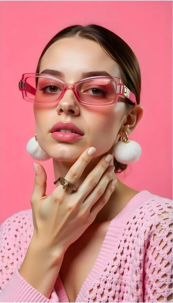 A Caucasian Woman 23 Years Old Light Skin Brown Hair Pink Sunglasses Pink Lipstick With Her Hand Near Her Face In A Pink Background 12 1932