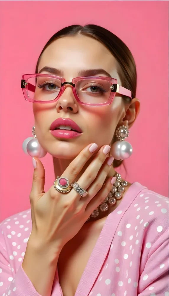 A Caucasian Woman 23 Years Old Light Skin Brown Hair Pink Sunglasses Pink Lipstick With Her Hand Near Her Face In A Pink Background 15 949f
