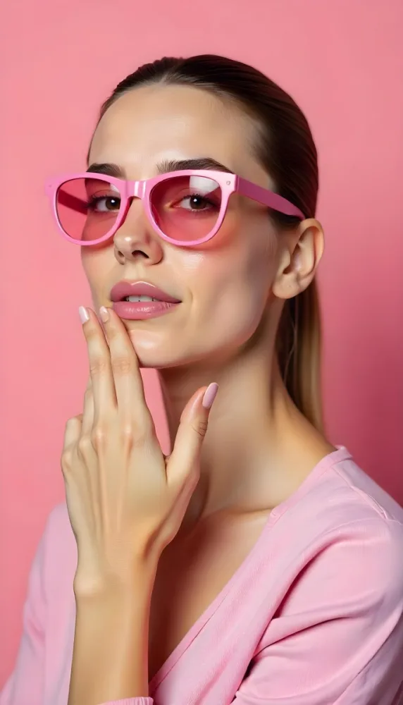 A Caucasian Woman 23 Years Old Light Skin Brown Hair Pink Sunglasses Pink Lipstick With Her Hand Near Her Face In A Pink Background 18 659b