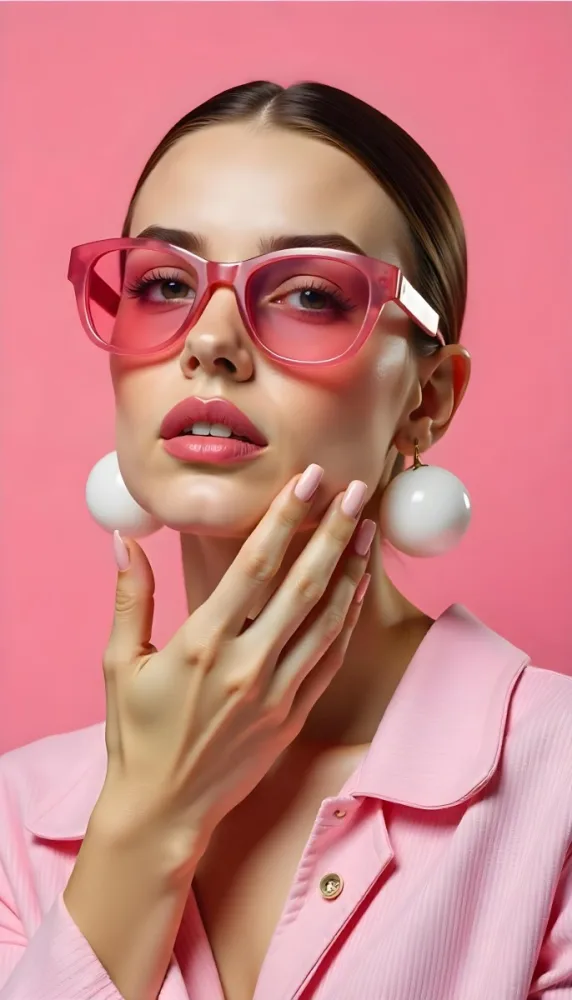 A Caucasian Woman 23 Years Old Light Skin Brown Hair Pink Sunglasses Pink Lipstick With Her Hand Near Her Face In A Pink Background 3 35b6