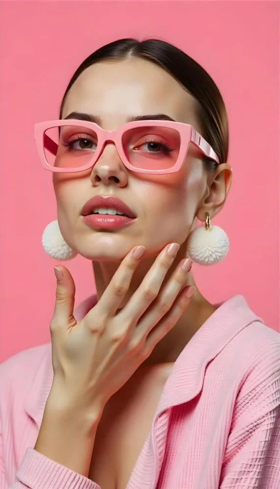 A Caucasian Woman 23 Years Old Light Skin Brown Hair Pink Sunglasses Pink Lipstick With Her Hand Near Her Face In A Pink Background 5 B913