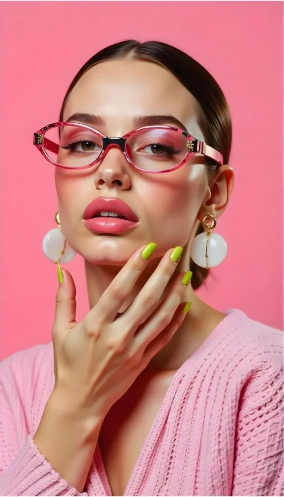 A Caucasian Woman 23 Years Old Light Skin Brown Hair Pink Sunglasses Pink Lipstick With Her Hand Near Her Face In A Pink Background 7 6935