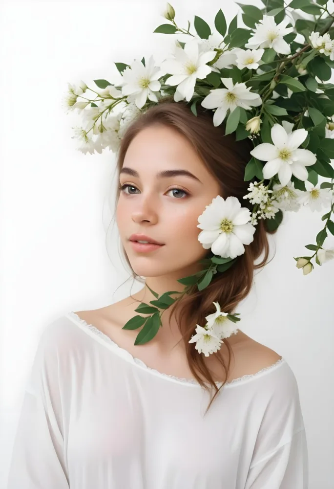 A Caucasian Woman 23 Years Old Light Skin Brown Hair With White Flowers Around Her Face White Background 2 1fcf