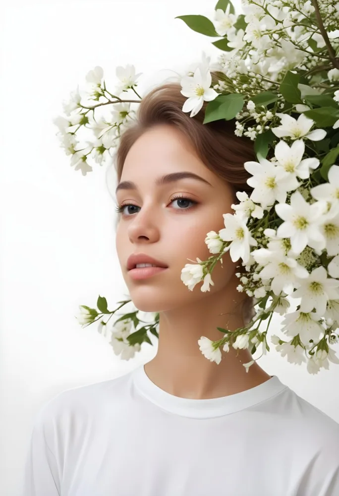 A Caucasian Woman 23 Years Old Light Skin Brown Hair With White Flowers Around Her Face White Background 9 E5cf