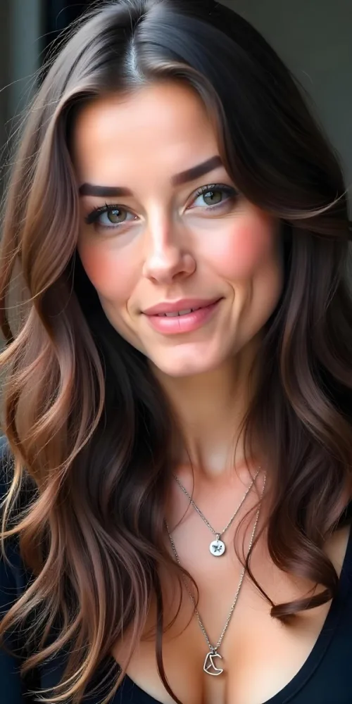A Caucasian Woman 23 Years Old Light Skin Brown Wavy Hair Light Pink Lips Wearing A Silver Necklace In A Dark Background 17 0c13
