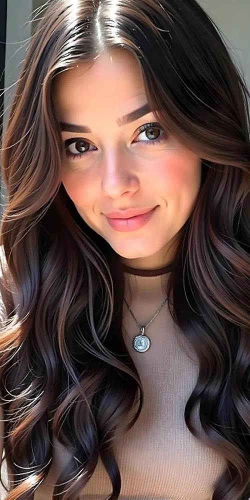 A Caucasian Woman 23 Years Old Light Skin Brown Wavy Hair Light Pink Lips Wearing A Silver Necklace In A Dark Background 18 Eb5d