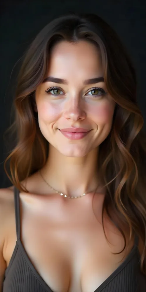 A Caucasian Woman 23 Years Old Light Skin Brown Wavy Hair Light Pink Lips Wearing A Silver Necklace In A Dark Background 20 34e7