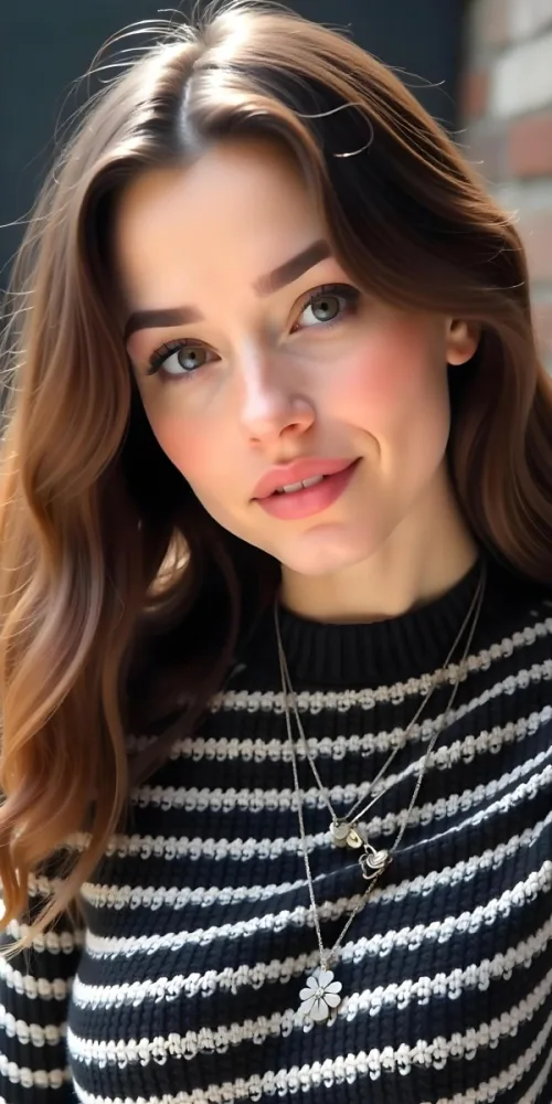A Caucasian Woman 23 Years Old Light Skin Brown Wavy Hair Light Pink Lips Wearing A Silver Necklace In A Dark Background 21 Edeb