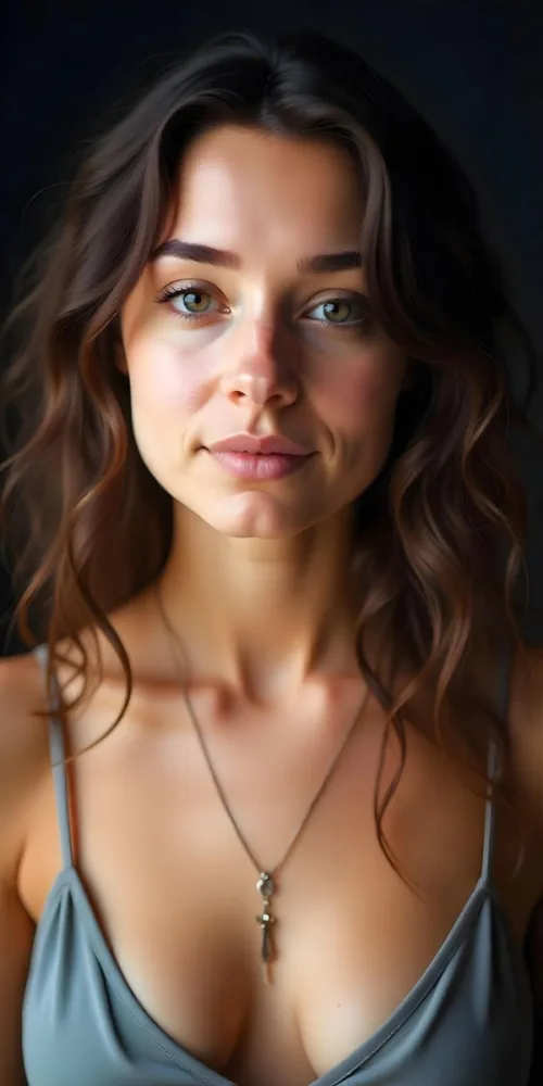 A Caucasian Woman 23 Years Old Light Skin Brown Wavy Hair Light Pink Lips Wearing A Silver Necklace In A Dark Background 22 B615