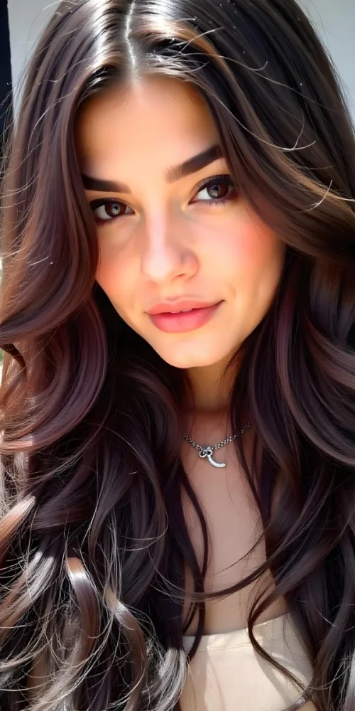 A Caucasian Woman 23 Years Old Light Skin Brown Wavy Hair Light Pink Lips Wearing A Silver Necklace In A Dark Background 3 1f48
