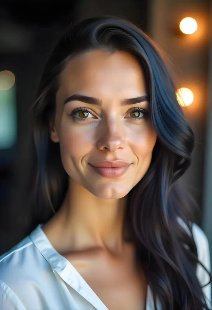 A Caucasian Woman 23 Years Old Long Blue Wavy Hair Brown Eyes Wearing A White Shirt In A Studio With Lights In The Background 10 8603