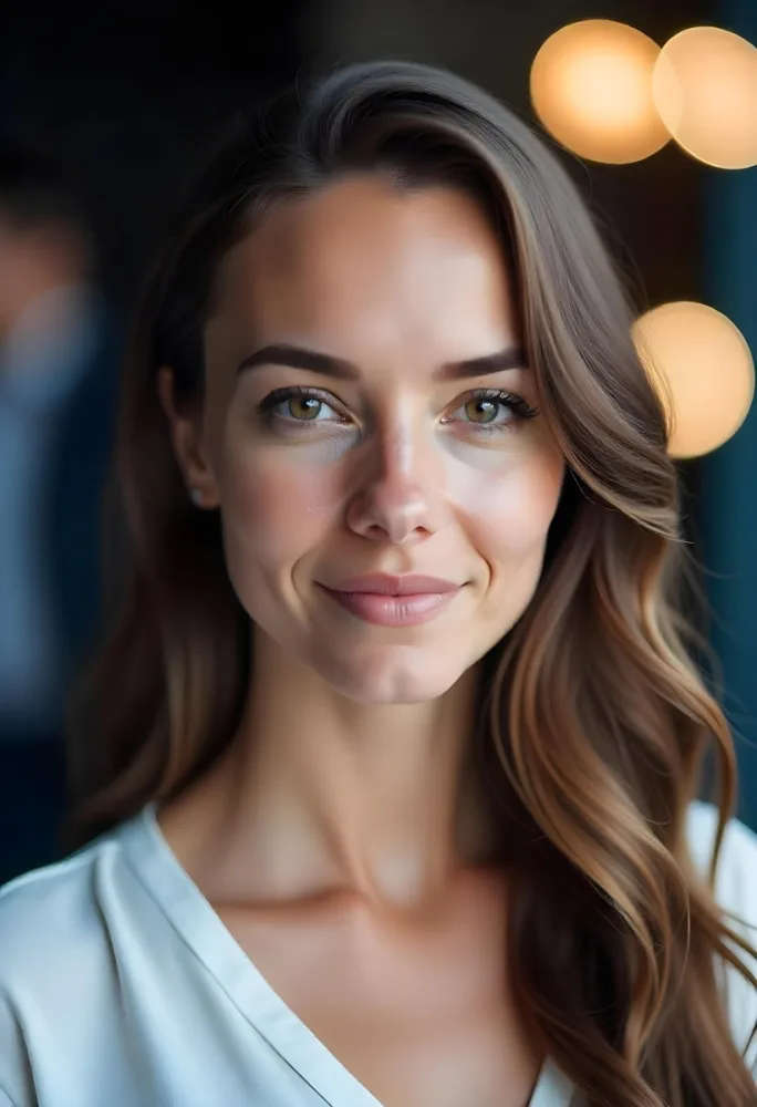 A Caucasian Woman 23 Years Old Long Blue Wavy Hair Brown Eyes Wearing A White Shirt In A Studio With Lights In The Background 17 F9b3