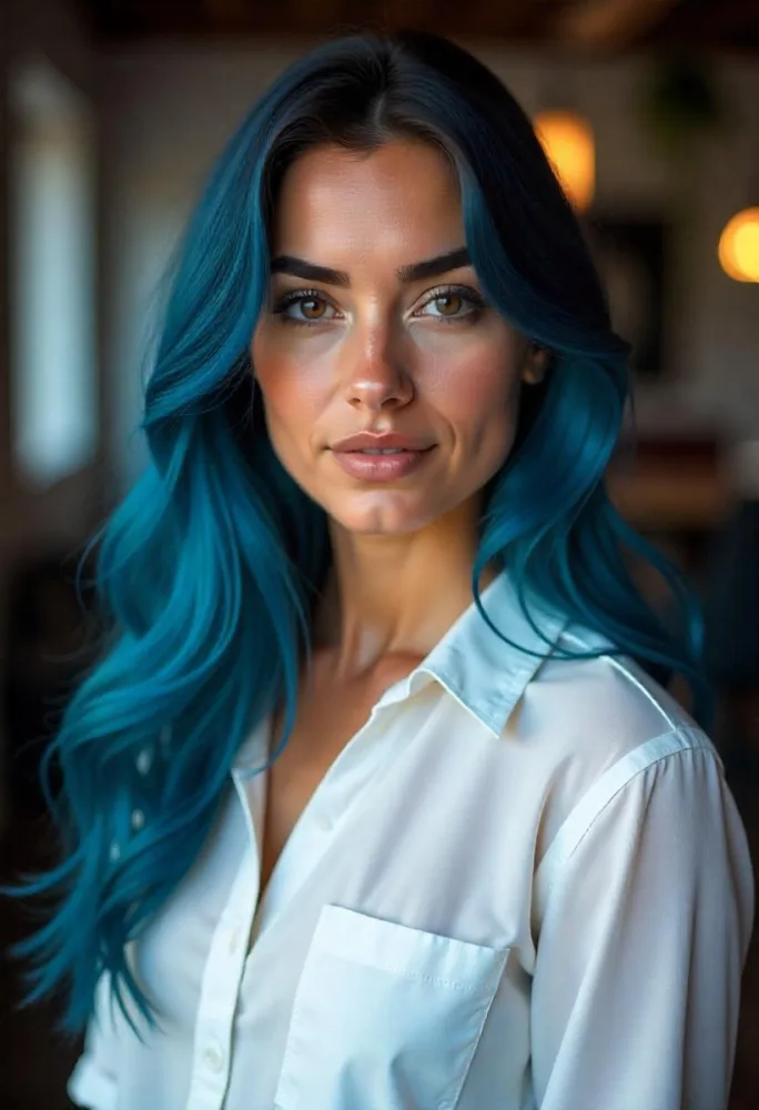 A Caucasian Woman 23 Years Old Long Blue Wavy Hair Brown Eyes Wearing A White Shirt In A Studio With Lights In The Background 9 5705