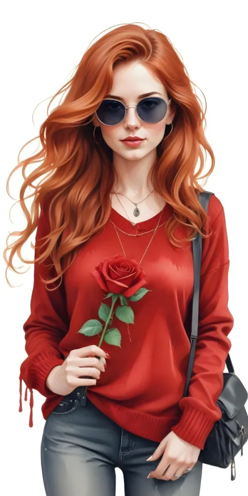 A Caucasian Woman 23 Years Old Long Red Wavy Hair Sunglasses Holding A Red Rose Red Sweater Necklace Earrings Ring Purse White Background 1 22c4
