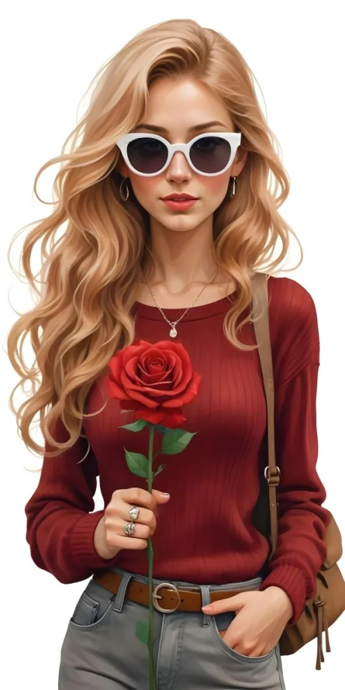 A Caucasian Woman 23 Years Old Long Red Wavy Hair Sunglasses Holding A Red Rose Red Sweater Necklace Earrings Ring Purse White Background 10 5c83