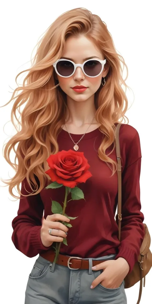 A Caucasian Woman 23 Years Old Long Red Wavy Hair Sunglasses Holding A Red Rose Red Sweater Necklace Earrings Ring Purse White Background 11 8ac6