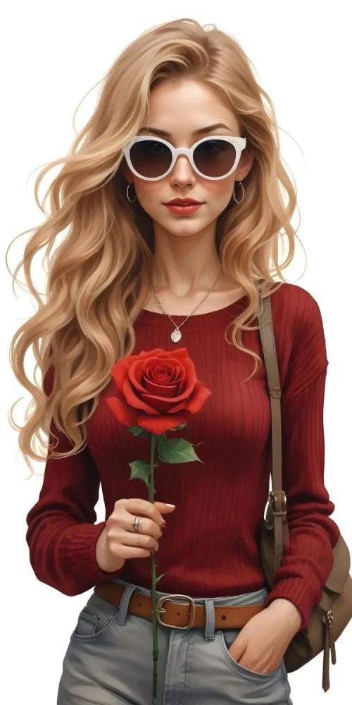 A Caucasian Woman 23 Years Old Long Red Wavy Hair Sunglasses Holding A Red Rose Red Sweater Necklace Earrings Ring Purse White Background 15 4490