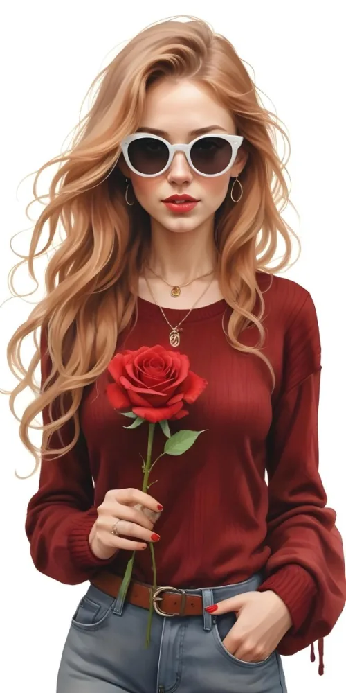 A Caucasian Woman 23 Years Old Long Red Wavy Hair Sunglasses Holding A Red Rose Red Sweater Necklace Earrings Ring Purse White Background 17 0285