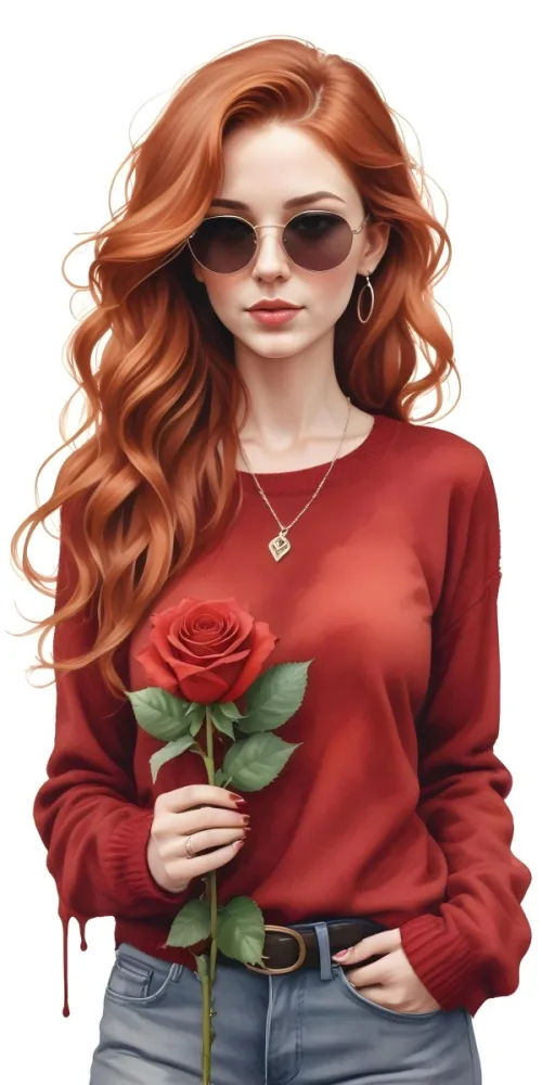 A Caucasian Woman 23 Years Old Long Red Wavy Hair Sunglasses Holding A Red Rose Red Sweater Necklace Earrings Ring Purse White Background 2 0869